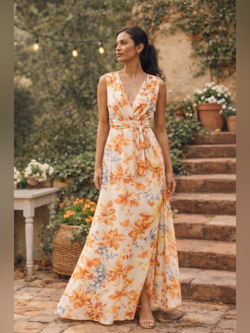 GUESS Gilda Floral Maxi Dress NWT Sunset Garden Tie Back Sleeveless Size Small